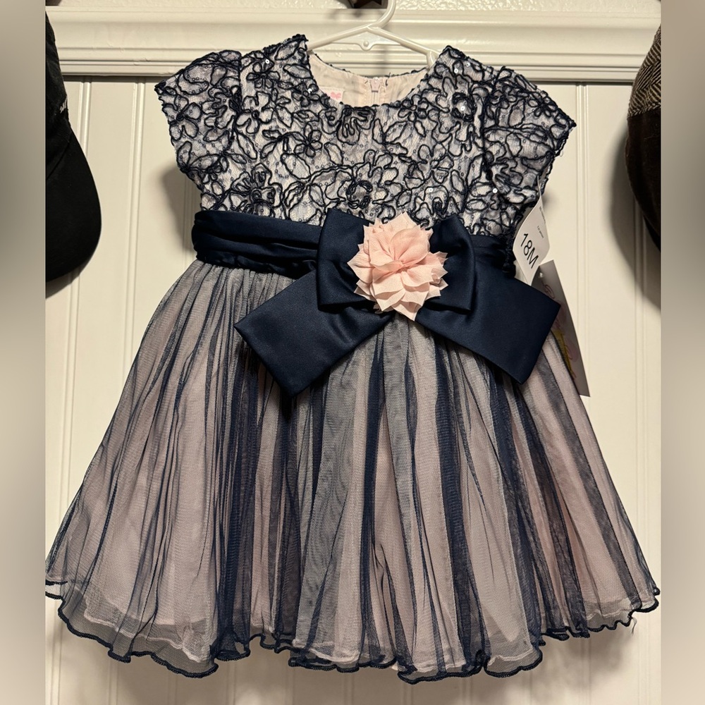 (New) 18 month Navy and Pink Dress , 100% polyester
